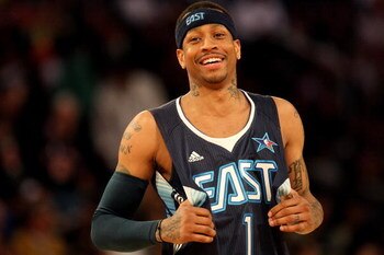 PHOENIX - FEBRUARY 15:  Allen Iverson #1 of the Eastern Conference smiles during the 58th NBA All-Star Game, part of 2009 NBA All-Star Weekend at US Airways Center on February 15, 2009 in Phoenix, Arizona.  NOTE TO USER: User expressly acknowledges and ag