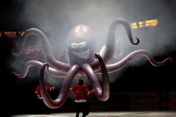DETROIT - APRIL 24:  Al the Octopus is put in to position prior to the Colorado Avalanche playing the Detroit Red Wings in game one of the Western Conference Quarterfinals of the 2008 NHL Stanley Cup Playoffs on April 24, 2008 at Joe Louis Arena in Detroi