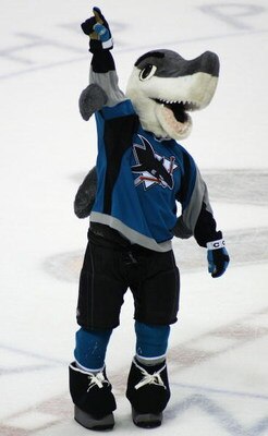 SAN JOSE, CA - MAY 07:  The San Jose Sharks mascot SJ Sharkie celebrates after the defeating the Edmonton Oilers in game one of the Western Conference Semifinals on May 7, 2006 at Hp Pavilion in San Jose, California.  The Sharks defeated the Oilers 2-1 to