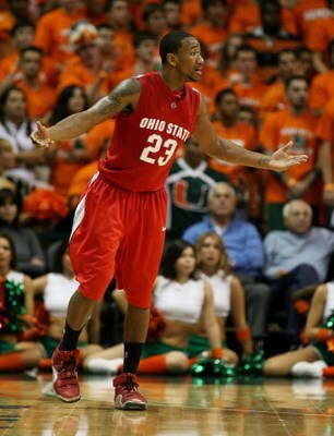 CORAL GABLES, FL - DECEMBER 02:  David Lighty #23 of the Ohio State Buckeyes reacts after being called for a foul against the Miami Hurricanes at BankUnited Center on December 2, 2008 in Coral Gables, Florida. Ohio State defeated Miami 73-68.  (Photo by D