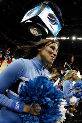 CHARLOTTE, NC - MARCH 29:  North Carolina Tar Heels cheerleader performs during the game against the against the Louisville Cardinals during the 2008 NCAA Men's East Regional Final at Bobcats Arena on March 29, 2008 in Charlotte, North Carolina.  (Photo b