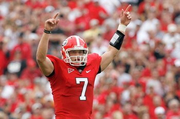 ATHENS, GA - OCTOBER 11: Matthew Stafford #7 of the Georgia Bulldogs celebrates on the field during the game against the Tennessee Volunteers at Sanford Stadium on October 11, 2008 in Athens, Georgia.  (Photo by Kevin C. Cox/Getty Images)
