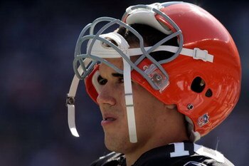 CLEVELAND - SEPTEMBER 16:  Quarterback Brady Quinn #10 of the Cleveland Browns looks on from the sideline during the game against the Cincinnati Bengals at the Cleveland Browns Stadium on September 16, 2007 in Cleveland, Ohio. The Browns defeated the Beng