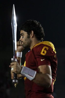 PASADENA, CA - JANUARY 01:  Quarterback Mark Sanchez #6 of the USC Trojans performs the USC fight song after defeating the Penn State Nittany Lions at the 95th Rose Bowl Game presented by Citi on January 1, 2009 at the Rose Bowl in Pasadena, California.  