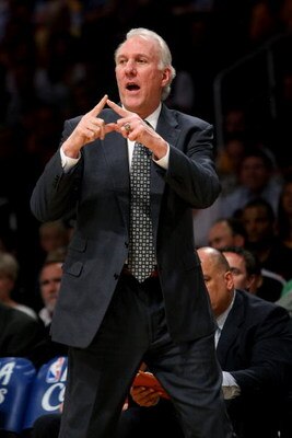 LOS ANGELES, CA - MAY 21:  Head coach Gregg Popovich of the San Antonio Spurs calls a play against the Los Angeles Lakers in Game One of the Western Conference Finals during the 2008 NBA Playoffs on May 21, 2008 at Staples Center in Los Angeles, Californi