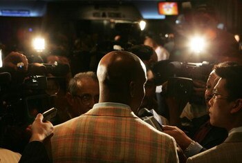 NEW YORK - MAY 13: Knicks gaurd Stephon Marbury speaks to the media during a press conference to introduce Mike D'Antoni (not shown)as the New York Knicks new head coach on May 13, 2008 at Madison Square Garden in New York City. NOTE TO USER: User express
