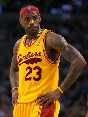 BOSTON, MA - MARCH 6: LeBron James #23 of the Cleveland Cavaliers reacts in the fourth quarter during a game against the Boston Celtics at the TD Banknorth Garden on March 6, 2009 in Boston, Massachusetts. The Celtics won 105-94. NOTE TO USER: User expres