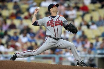 LOS ANGELES, CA - JULY 09:  Pitcher Tim Hudson #15 of the Atlanta Braves throws a pitch against the Los Angeles Dodgers on July 9, 2008 at Dodger Stadiium in Los Angeles, California.   The Dodgers won 2-1.  (Photo by Stephen Dunn/Getty Images)