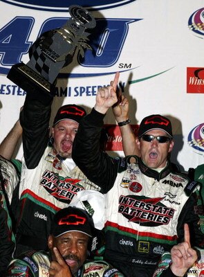 HOMESTEAD,FL- NOVEMBER 16:  Bobby Labonte, driver of the #18 Joe Gibbs Racing Interstate Batteries Chevrolet celebrates winning the NASCAR Winston Cup Ford 400, on November16, 2003 at Miami Dade Speedway in Homestead, Florida.  (Photo By Darrell Ingham/Ge