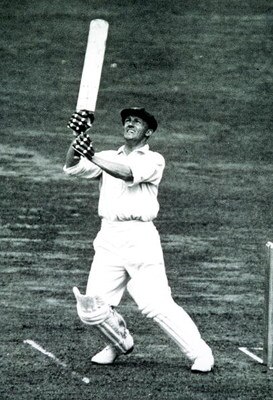1934:  Sir Donald Bradman hits out during a test against England. It was announced 26 Feb 2001 that Sir Donald Bradman had died in Adelaide, Australia. Mandatory Credit: Allsport Australia/ALLSPORT
