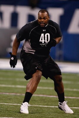 INDIANAPOLIS, IN - FEBRUARY 21:  Offensive lineman Michael Oher of Mississippi runs in practice drills during the NFL Scouting Combine presented by Under Armour at Lucas Oil Stadium on February 21, 2009 in Indianapolis, Indiana. (Photo by Scott Boehm/Gett