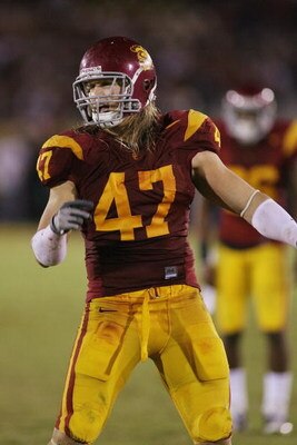 LOS ANGELES - NOVEMBER 8:  Clay Matthews #47 of the USC Trojans reacts against the California Bears on November 8, 2008 at the Los Angeles Memorial Coliseum in Los Angeles, California.  USC won 17-3.  (Photo by Jeff Golden/Getty Images)