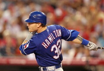 ANAHEIM, CA - SEPTEMBER 27:   Josh Hamilton #32 of the Texas Rangers lines out in the third inning against the Los Angeles Angels of Anaheim at Angels Stadium on September 27, 2008 in Anaheim, California.  (Photo by Lisa Blumenfeld/Getty Images)