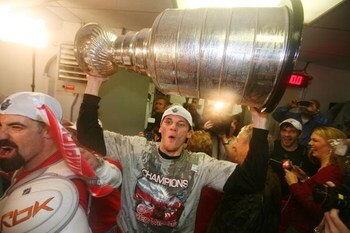 PITTSBURGH - JUNE 04: Tomas Kopecky #82 of the Detroit Red Wings celebrates with the Stanley Cup after defeating the Pittsburgh Penguins in game six of the 2008 NHL Stanley Cup Finals at Mellon Arena on June 4, 2008 in Pittsburgh. Pennsylvania. The Red Wi