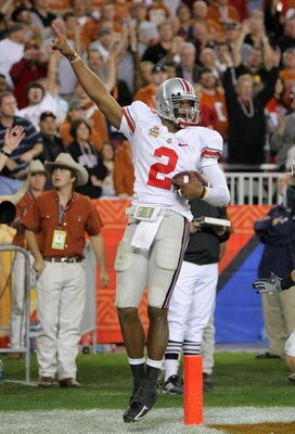 GLENDALE, AZ - JANUARY 05:  Terrelle Pryor #2 of the Ohio State Buckeyes celebrates after a 5 yard touchdown reception against the Texas Longhorns during the fourth quarter of the Tostitos Fiesta Bowl Game on January 5, 2009 at University of Phoenix Stadi