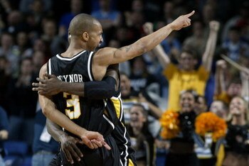 BUFFALO, NY - MARCH 15:  Eric Maynor #3 of the Virginia Commonwealth Rams celebrates with teammate Franck Ndongo #21 after beating the Duke Blue Devils during round one of the NCAA Men's Basketball Tournament at the HSBC Arena on March 15, 2007  in Buffal