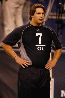 INDIANAPOLIS, IN - FEBRUARY 21: Offensive lineman Eben Britton of Arizona stands during the NFL Scouting Combine presented by Under Armour at Lucas Oil Stadium on February 21, 2009 in Indianapolis, Indiana. (Photo by Scott Boehm/Getty Images)