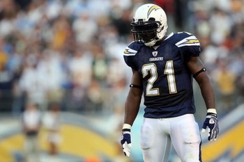 SAN DIEGO - SEPTEMBER 22:  LaDainian Tomlinson #21 of the San Diego Chargers looks on while taking on the New York Jets on September 22, 2008 at Qualcomm Stadium in San Diego, California. The Chargers defeated the Jets 48-29.  (Photo by Stephen Dunn/Getty
