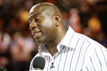 PHOENIX - FEBRUARY 13:  NBA legend Magic Johnson attends the McDonald's All-Star Celebrity Game held at the Phoenix Convention Center on February 13, 2009 in Phoenix, Arizona.  (Photo by Nick Doan/Getty Images)