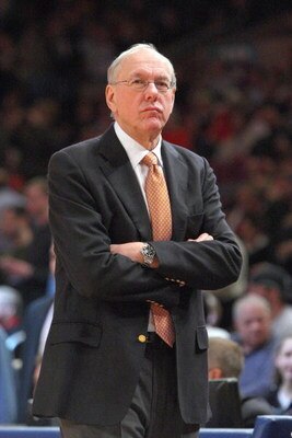 NEW YORK - MARCH 14:  Head coach Jim Boeheim of the Syracuse Orange watch the action against the Louisville Cardinals during the championship game of the Big East Tournament at Madison Square Garden on March 14, 2009 in New York City.  (Photo by Jim McIsa