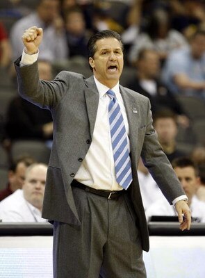 KANSAS CITY, MO - MARCH 19:  Head Coach John Calipari of the Memphis Tigers yells from the sideline during their  first round game against the CSUN Matadors in the first half of the NCAA Division I Men's Basketball Tournament at the Sprint Center on March