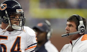 DETROIT - SEPTEMBER 30:  Brian Urlacher #54 of the Chicago Bears listens to defensive coordinator Bob Babich during the game against the Detroit Lions on September 30, 2007 at Ford Field in Detroit, Michigan. The Lions defeated the Bears 37-27. (Photo by 