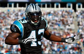 CHARLOTTE, NC - OCTOBER 19:  Safety Chris Harris #43 of the Carolina Panthers reacts after a fourth down stop against the New Orleans Saints during the game at Bank of America Stadium on October 19, 2008 in Charlotte, North Carolina.  (Photo by Kevin C. C