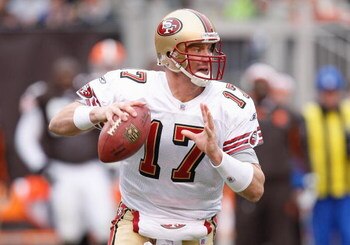 CLEVELAND - DECEMBER 30:  Chris Weinke #17 of the San Francisco 49ers looks for an open receiver against the Cleveland Browns on December 30, 2007 at Cleveland Browns Stadium in Cleveland, Ohio. (Photo By Gregory Shamus/Getty Images)  