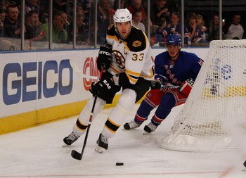 NEW YORK - MARCH 08:  Zdeno Chara #33 of the Boston Bruins skates with the puck against the New York Rangers on March 8, 2009 at Madison Square Garden in New York City.  (Photo by Nick Laham/Getty Images)