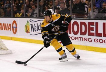 BOSTON - MARCH 8:  Dennis Wideman #6 of the Boston Bruins carries the puck around the net against the Washington Capitals during their NHL game on March 8, 2008 at the TD Banknorth Garden in Boston, Massachusetts. The Bruins defeated the Capitals 2-1. (Ph