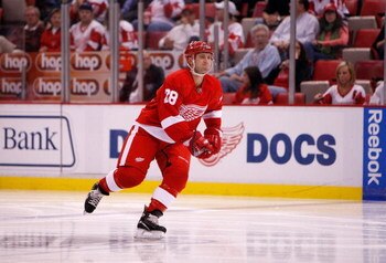 DETROIT - OCTOBER 9:  Brian Rafalski #28 of the Detroit Red Wings skates during their game against the Toronto Maple Leafs on October 9, 2008 at Joe Louis Arena in Detroit, Michigan. The Leafs defeated the Wings 3-2. (Photo by Gregory Shamus/Getty Images)