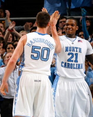 CHAPEL HILL, NC - JANUARY 21:  Tyler Hansbrough #50 celebrates with Deon Thompson #21 of the North Carolina Tar Heels after Hansbrough's basket against the Clemson Tigers during the game on January 21, 2009 at the Dean E. Smith Center in Chapel Hill, Nort