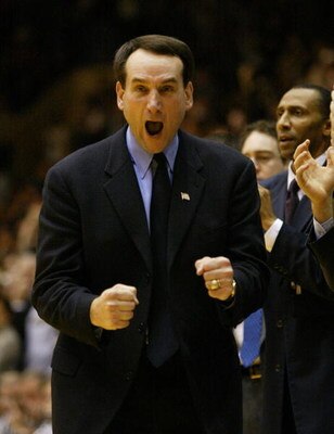 19 Jan 02:  Duke Head Coach Mike Krzyzewski celebrates a three-point play by his team during the second half of the Wake Forest Demon Deacons v Duke Blue Devils game at Cameron Indoor Stadium in Durham, North Carolina.  Digital Image. Mandatory Credit: Cr