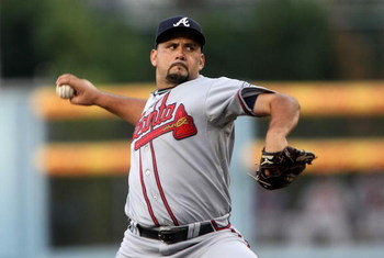 LOS ANGELES, CA - JULY 07: Pitcher Jorge Campillo #57 of the Atlanta Braves throws a pitch against the Los Angeles Dodgers on July 7, 2008 at Dodger Stadiium in Los Angeles, California. The Dodgers won 3-0. (Photo by Stephen Dunn/Getty Images)