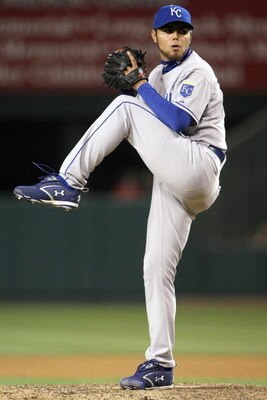 ANAHEIM, CA - APRIL 16: Relief pitcher Joakim Soria #48 of the Kansas City Royals throws a pitch against the Los Angeles Angels of Anaheim on April 16, 2008 at Angel Stadium in Anaheim, California. Soria picked up the save ast eh Royals won 3-2. (Photo by