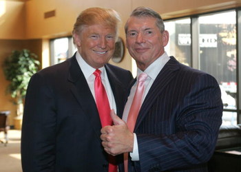 GREEN BAY, WI - JUNE 22:  Vince McMahon (L) and Donald Trump attend a press conference about the WWE at the Austin Straubel International Airport on June 22, 2009 in Green Bay, Wisconsin.  (Photo by Mark A. Wallenfang/Getty Images)