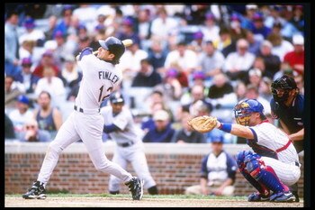 16 May 1997:  San Diego Padres center fielder Steve Finley swings at pitch during game against the Chicago Cubs at Wrigley Field in Chicago, Illinois.  The Cubs won the game 8-2. Mandatory Credit: Matthew Stockman  /Allsport
