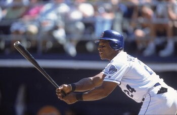 29 Apr 2001:  Rickey Henderson #24 of the San Diego Padres gets ready at the plate during the game against the Pittsburgh Pirates at Qualcomm Stadium in San Diego, California. The Padres defeated the Pirates 6-1.Mandatory Credit: Todd Warshaw  /Allsport