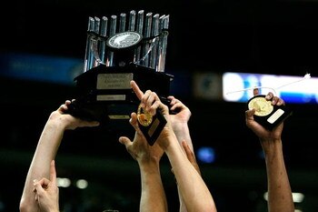 ATLANTA - MARCH 15:  The Duke Blue Devils hold up the trophy after their 79-69 win over the Florida State Seminoles in the championship game of the 2009 ACC Men's Basketball Tournament at the Georgia Dome March 15, 2009 in Atlanta, Georgia.  (Photo by Kev