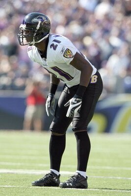 BALTIMORE - OCTOBER 5:  Chris McAlister #21 of the Baltimore Ravens gets ready on the field during the game against the Tennessee Titans on October 5, 2008 at M&T Bank Stadium in Baltimore, Maryland. (Photo by: Nick Laham/Getty Images)