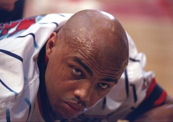 13 May 1997:  Forward Charles Barkley of the Houston Rockets lays on the floor before a playoff game against the Seattle Supersonics at the Summit in Houston, Texas.  The Supersonics won the game 100-94. Mandatory Credit: Stephen Dunn  /Allsport