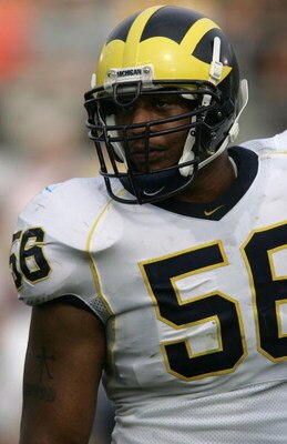 SOUTH BEND, IN - SEPTEMBER 16:  Defensive end LaMarr Woodley #56 of the Michigan Wolverines looks on against the Notre Dame Fighting Irish September 16, 2006 at Notre Dame Stadium in South Bend, Indiana. Michigan won 47-21. (Photo by Jonathan Daniel/Getty