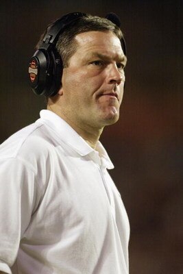 MIAMI - JANUARY 2:  Head coach Kirk Ferentz of Iowa looks on from the sideline as his team struggles against USC during the FedEx Orange Bowl on January 2, 2003 at Pro Player Stadium in Miami, Florida.  USC defeated Iowa 38-17.  (Photo by Andy Lyons/Getty