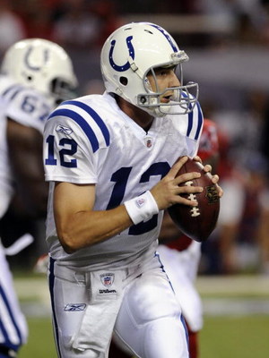 ATLANTA - AUGUST 16: Quarterback Jim Sorgi #12 of the Indianapolis Colts sets to pass against the Atlanta Falcons at the Georgia Dome on August 16, 2008 in Atlanta, Georgia. (Photo by Al Messerschmidt/Getty Images)