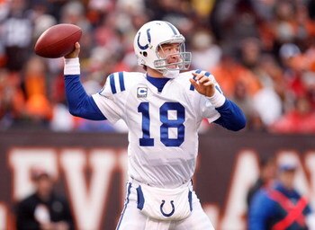 CLEVELAND - NOVEMBER 30:  Quarterback Peyton Manning #18 of the Indianapolis Colts passes the ball during their NFL game against the Cleveland Browns on November 30, 2008 at Cleveland Browns Stadium in Cleveland, Ohio. The Colts defeated the Browns 10-6. 