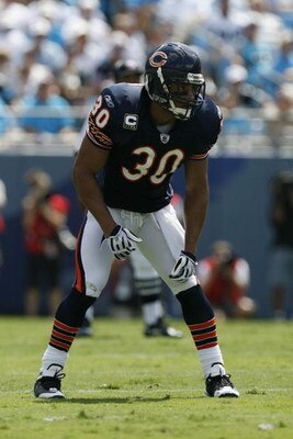 CHARLOTTE, NC - SEPTEMBER 14:  Mike Brown #30 of the Chicago Bears looks on during the game against the Carolina Panthers at Bank of America Stadium on September 14, 2008 in Charlotte, North Carolina. (Photo by Kevin C. Cox/Getty Images)