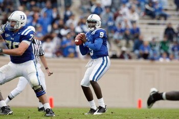 DURHAM, NC - OCTOBER 18:  Quarterback Thaddeus Lewis #9 of the Duke Blue Devils looks to pass the ball during the game against the Miami Hurricanes at Wallace Wade Stadium on October 18, 2008 in Durham, North Carolina.  (Photo by Kevin C. Cox/Getty Images