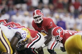 ATLANTA - DECEMBER 3:  Quarterback D.J. Shockley #3 of the Georgia Bulldogs lines up under center against the LSU Tigers during the 2005 SEC Football Championship Game at the Georgia Dome on December 3, 2005 in Atlanta, Georgia. Georgia defeated LSU 34-14