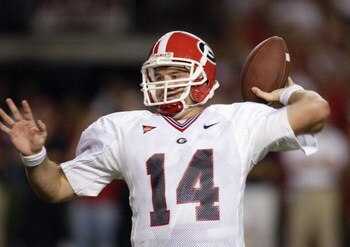 COLUMBIA, SC - SEPTEMBER 11:  Quarterback David Greene #14 of the Georgia Bulldogs throws a pass against the South Carolina Gamecocks during their game at Williams-Brice Stadium on September 11, 2004 in Columbia, South Carolina. Georgia defeated South Car