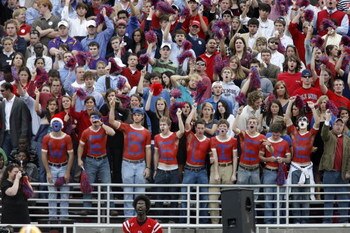 OXFORD, MS - NOVEMBER 17: Fans of the Mississippi Rebels cheer in a game against the LSU Tigers on November 17, 2007 at Vaught-Hemingway Stadium/Hollingsworth Field in Oxford, Mississippi. LSU beat Mississippi 41-24. (Photo by Joe Murphy/Getty Images)